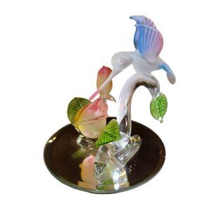 Glass Hummingbird Figurine With Roses On Mirrored Base 5.5 Inches Tall